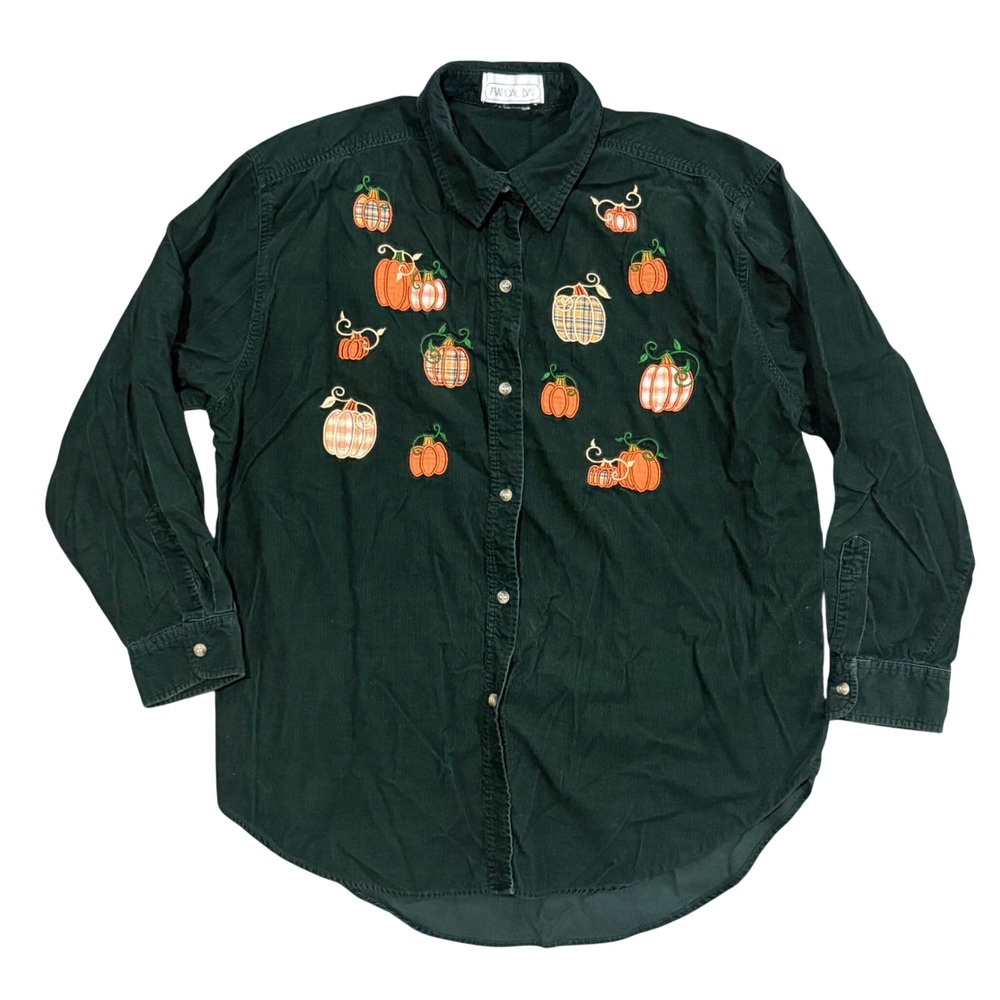 Vintage Mandal Bay Corduroy Pumpkin Embroidered Shirt Forest Green Fall Large